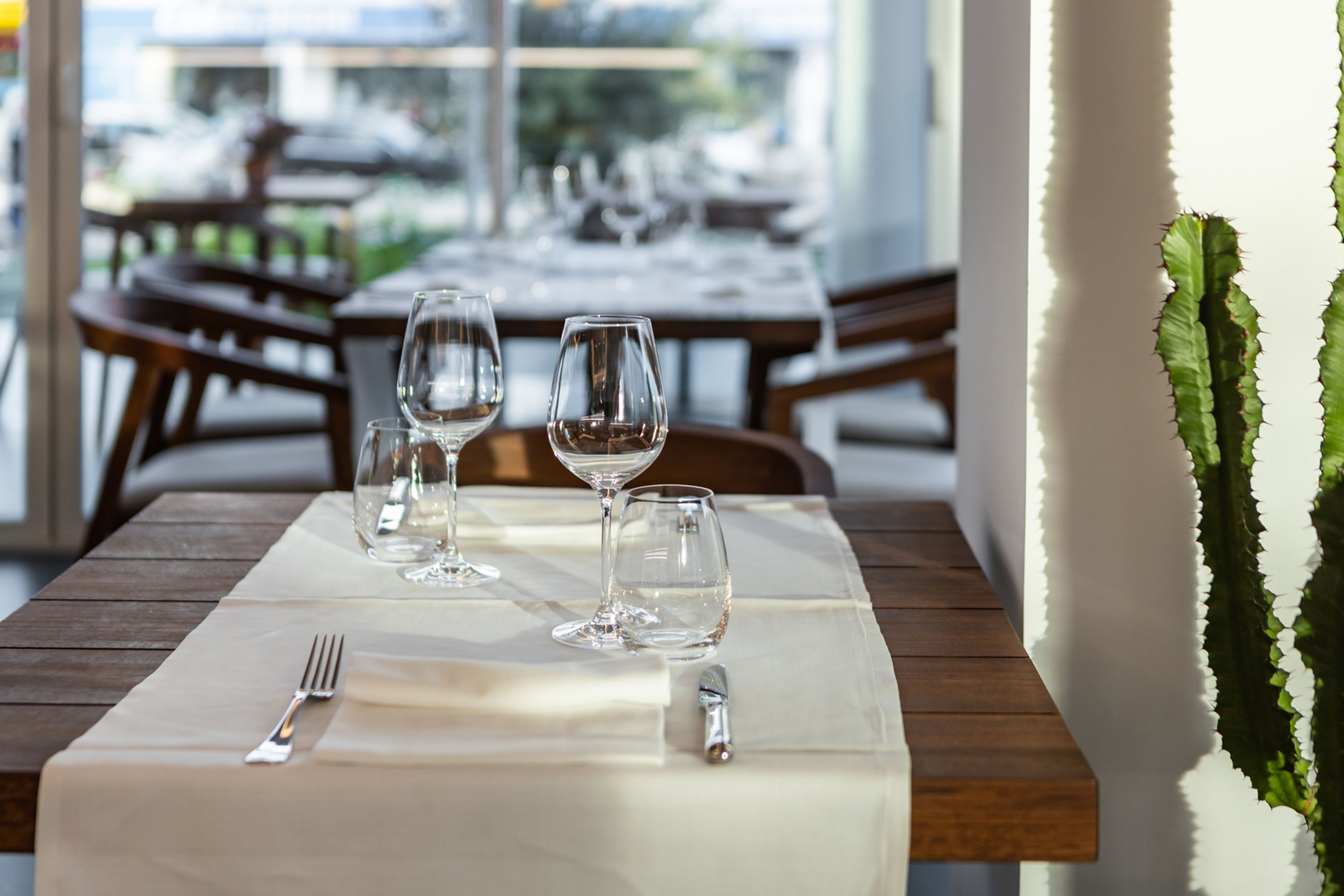 A dining table set with wine glasses and cutlery, with a view of a restaurant and a cactus plant in the background.