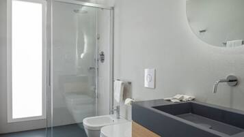 Un bagno moderno con cabina doccia in vetro, doppio lavabo e un grande specchio.