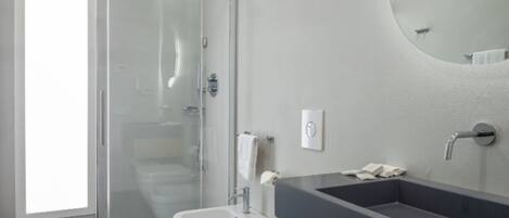 A modern bathroom with a glass shower enclosure, a double sink vanity, and a large mirror.