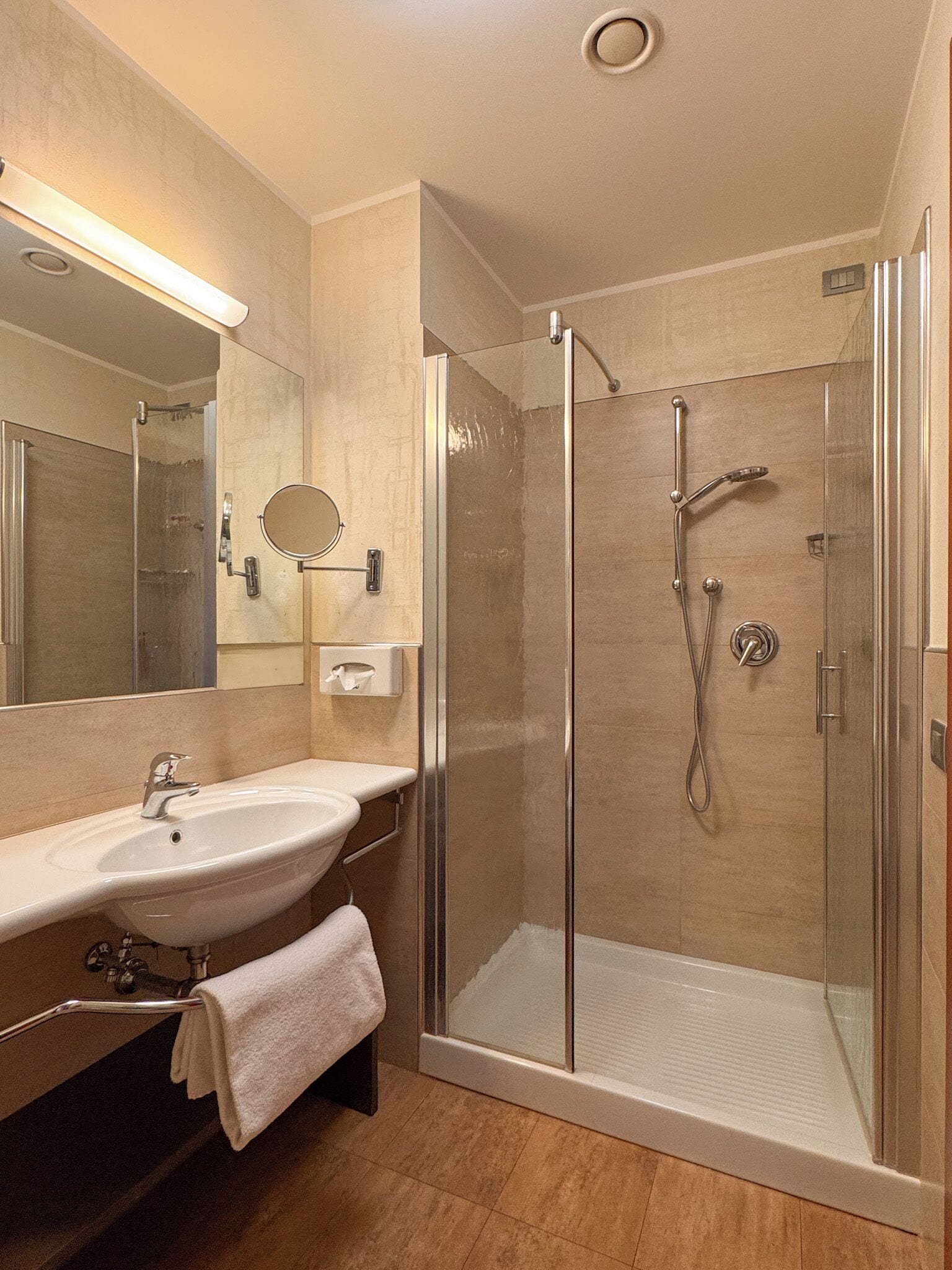 A modern bathroom with a glass-enclosed shower, a sink with a mirror, and a towel rack.