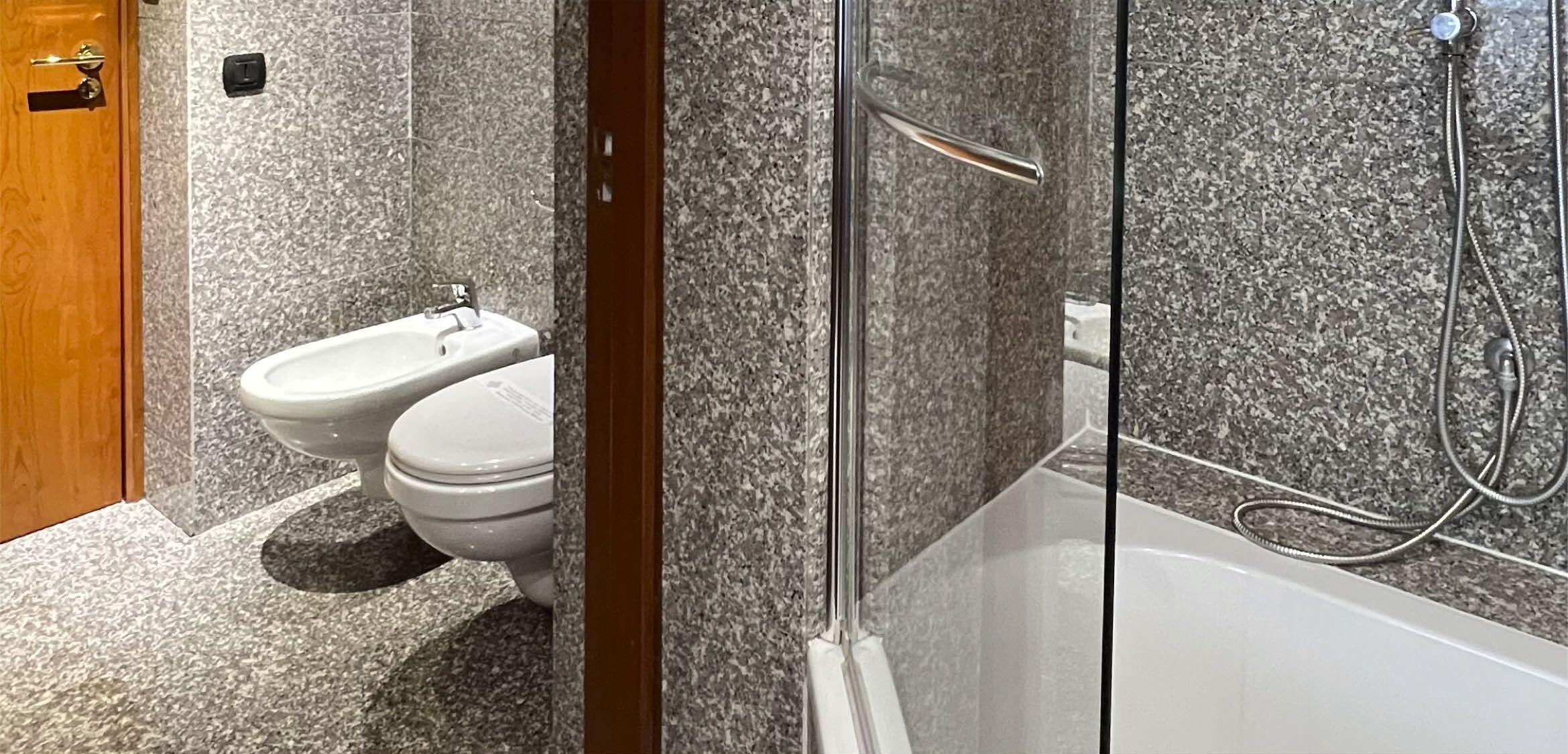 A bathroom with a toilet, bidet, and shower area.