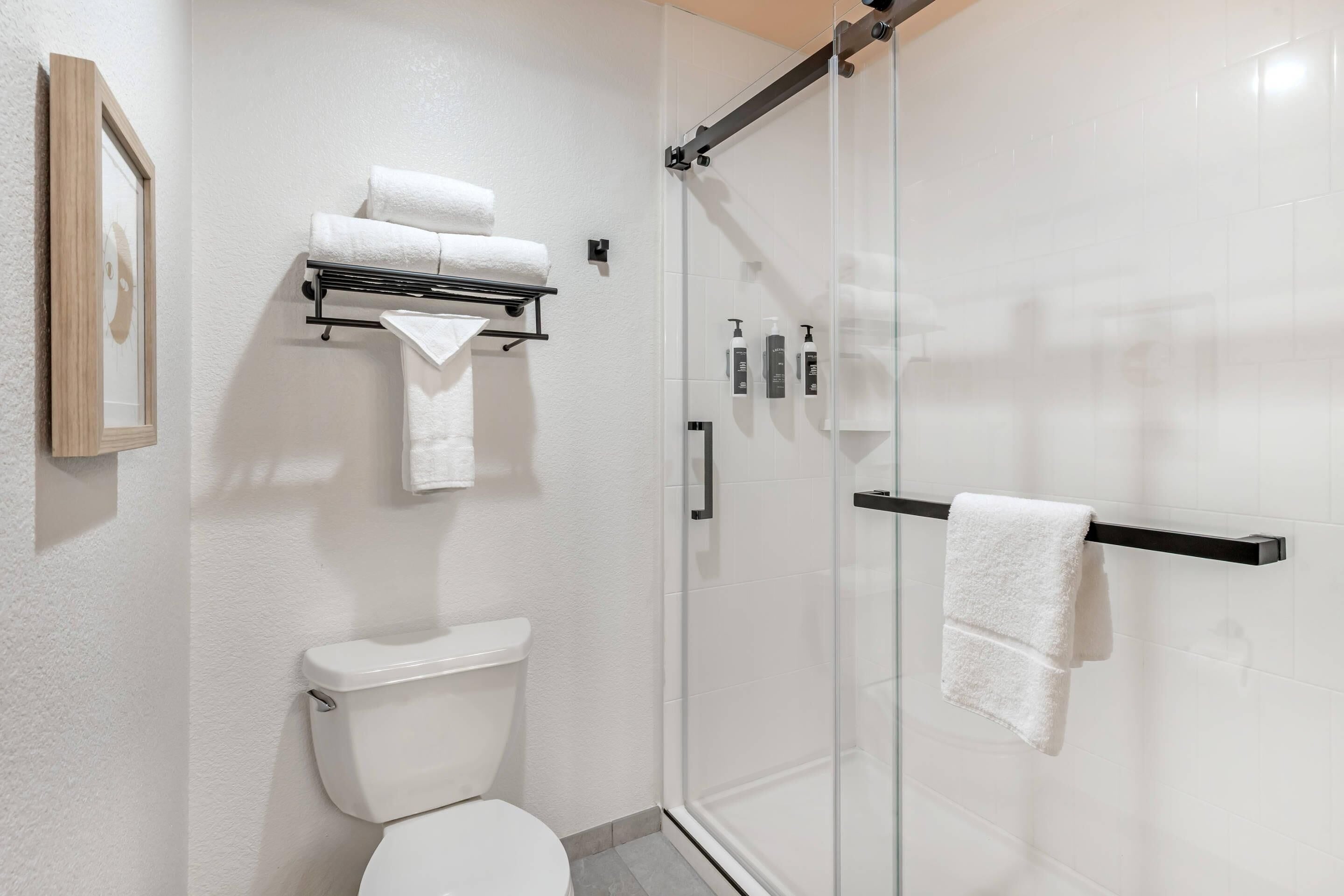 Une salle de bain moderne avec une douche à parois de verre, des toilettes et un porte-serviettes.