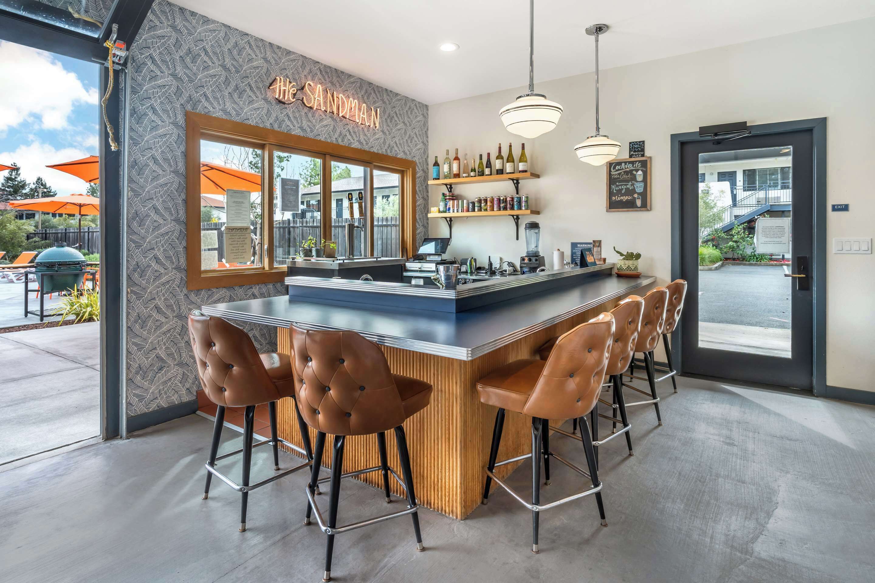 Outdoor pool, pool umbrellas, pool loungers