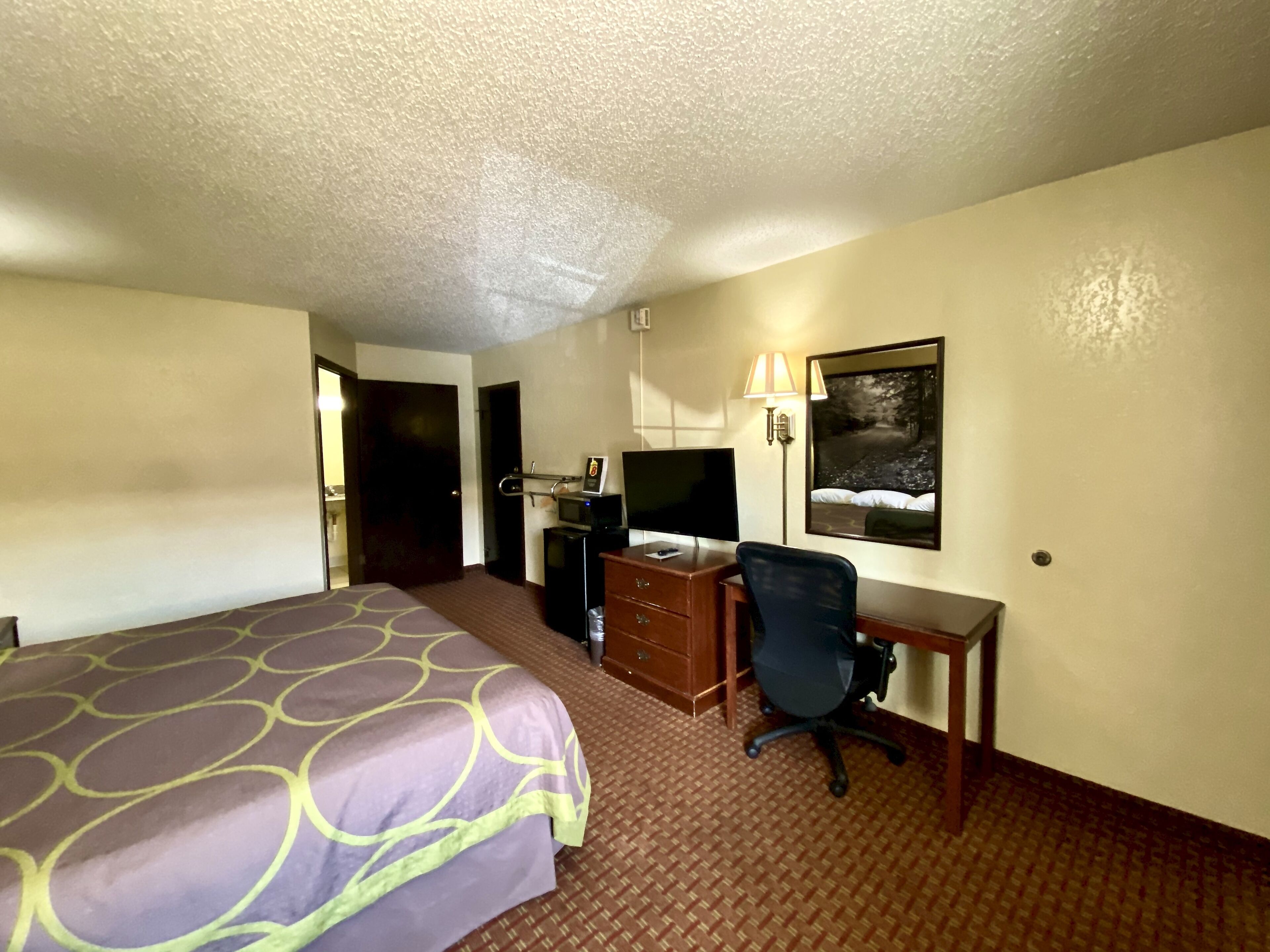 Une chambre d’hôtel avec un lit, un bureau, une chaise, une télévision et un tableau au mur.