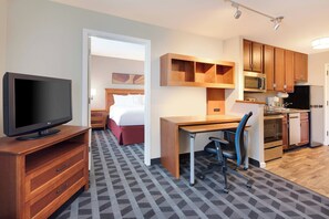 1 bedroom, desk, blackout drapes, iron/ironing board