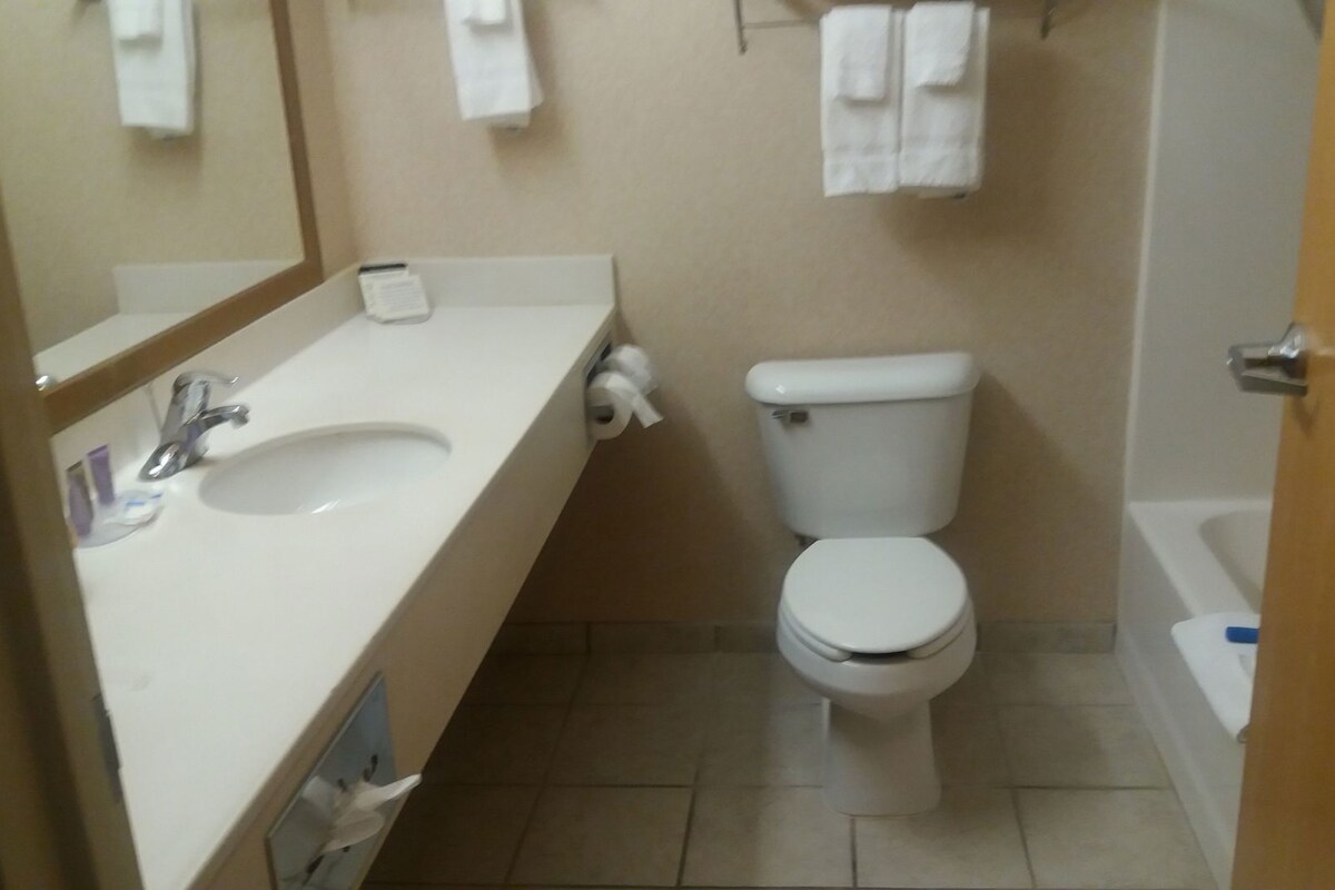 Un baño con lavamanos, inodoro y espejo.