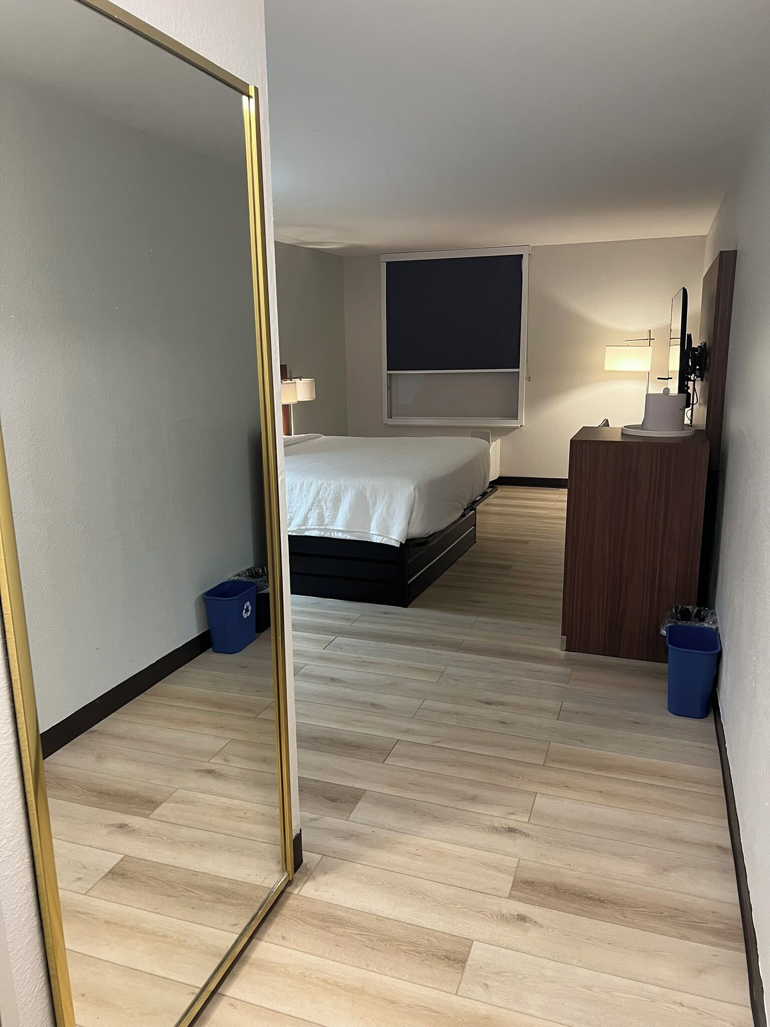 A hotel room with a bed, a desk, a mirror, and a TV.
