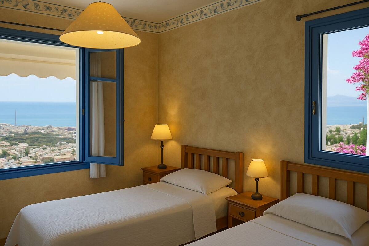 A hotel room with two beds, a large window with a view of the sea, and a ceiling lamp.
