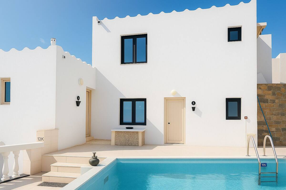 A modern white building with a pool, a door, and a small table with a chair.