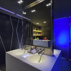 Designer toiletries, hair dryer, bathrobes, towels