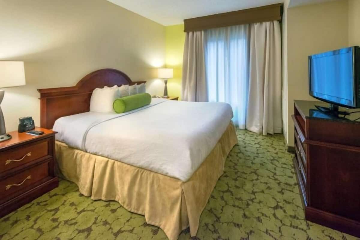 A hotel room with a bed, a TV, a desk with drawers, a lamp, and a window with curtains.