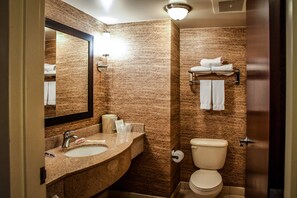 Een badkamer met een marmeren wastafel, een toilet en een handdoekhouder.