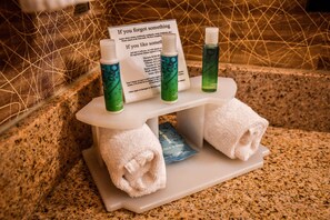 Een badkamerinrichting met toiletartikelen, een handdoekhouder en een bord met faciliteiten.