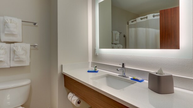 A bathroom with a white sink, a mirror, and a toilet. - Holiday Inn Express Hotel & Suites Dayton-Centerville by IHG (Dayton)