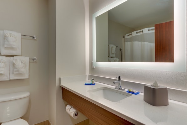 A bathroom with a white sink, a mirror, and a toilet.