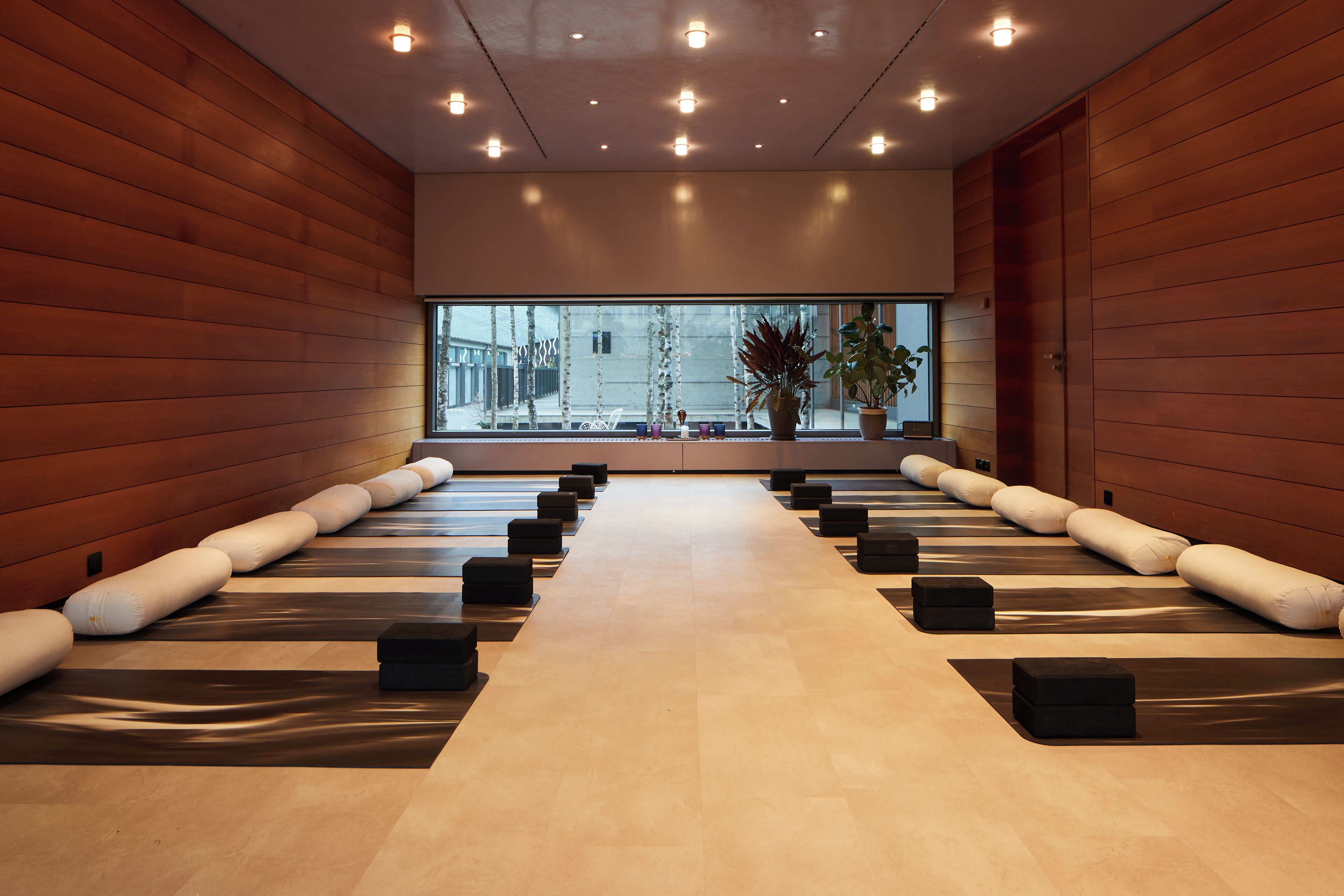 A room with wooden panel walls, a large window, and a row of black mats with white cushions. - Greulich Design & Boutique Hotel (Zürich)