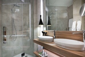 Shower, eco-friendly toiletries, hair dryer, bathrobes