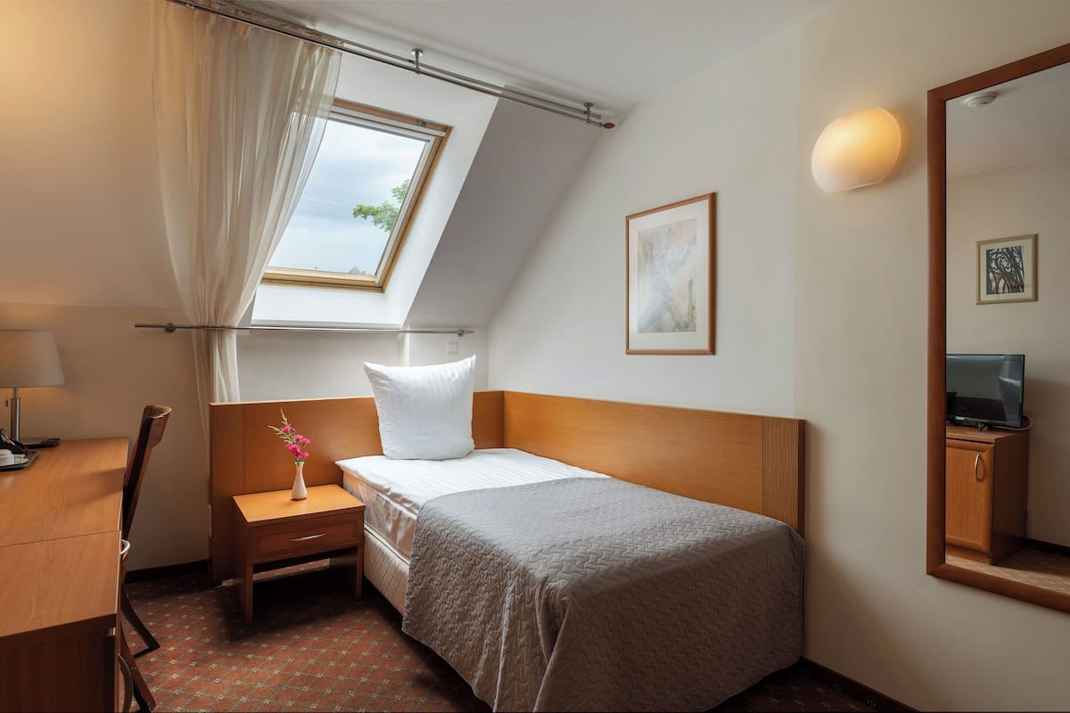 A hotel room with a single bed, a desk with a chair, a small table with a vase of flowers, a window with curtains, a ceiling light, and a wall-mounted TV.