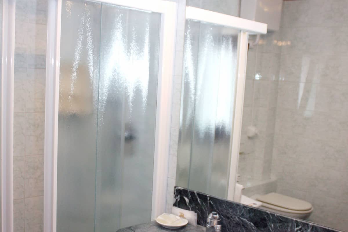 Shower, free toiletries, hair dryer, towels