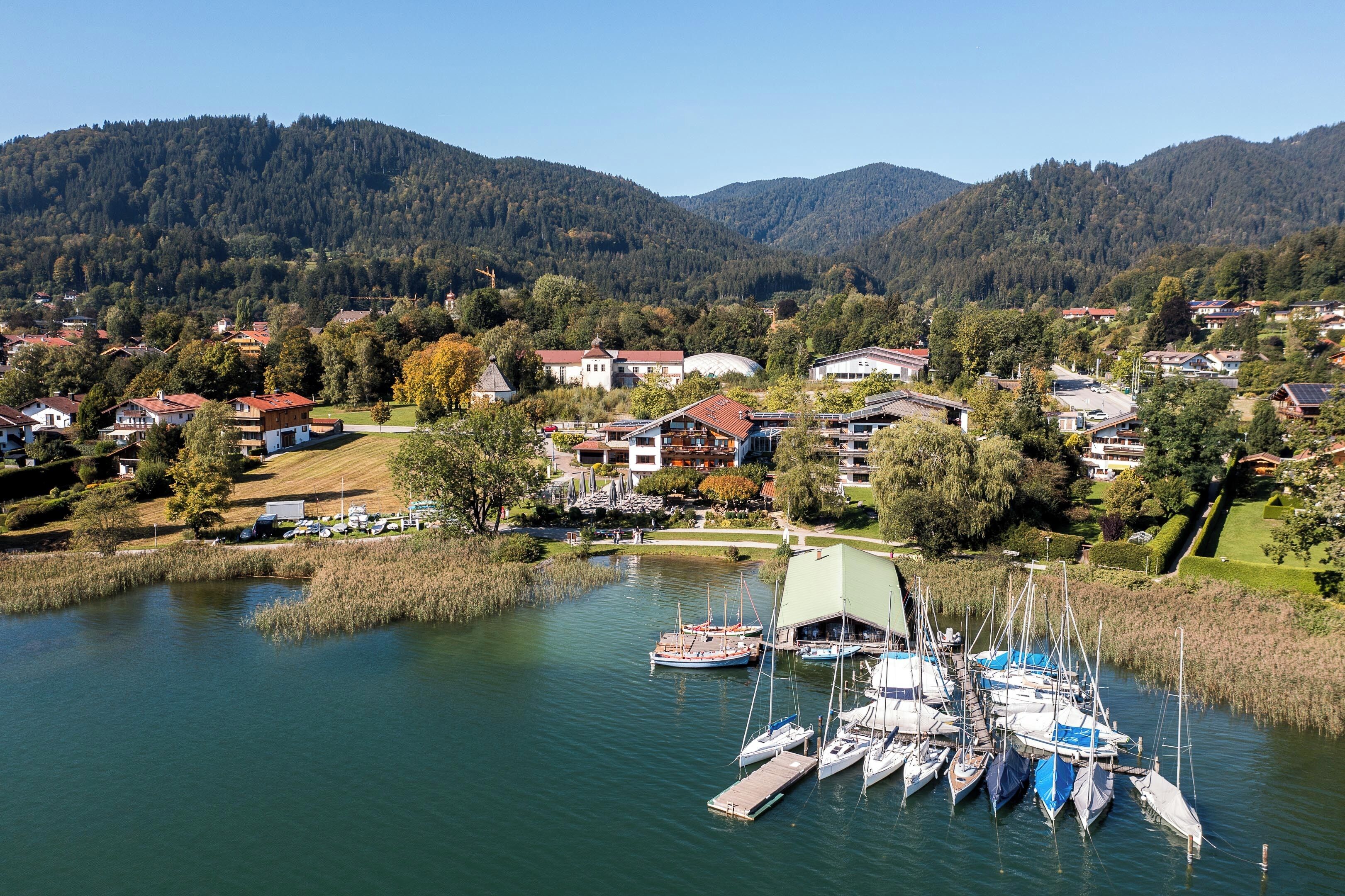A lakeside village with houses, a dock with boats, and a mountain backdrop.