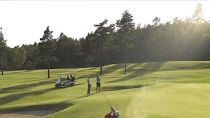 Een golfbaan met een zandbunker, een golfkar en spelers.