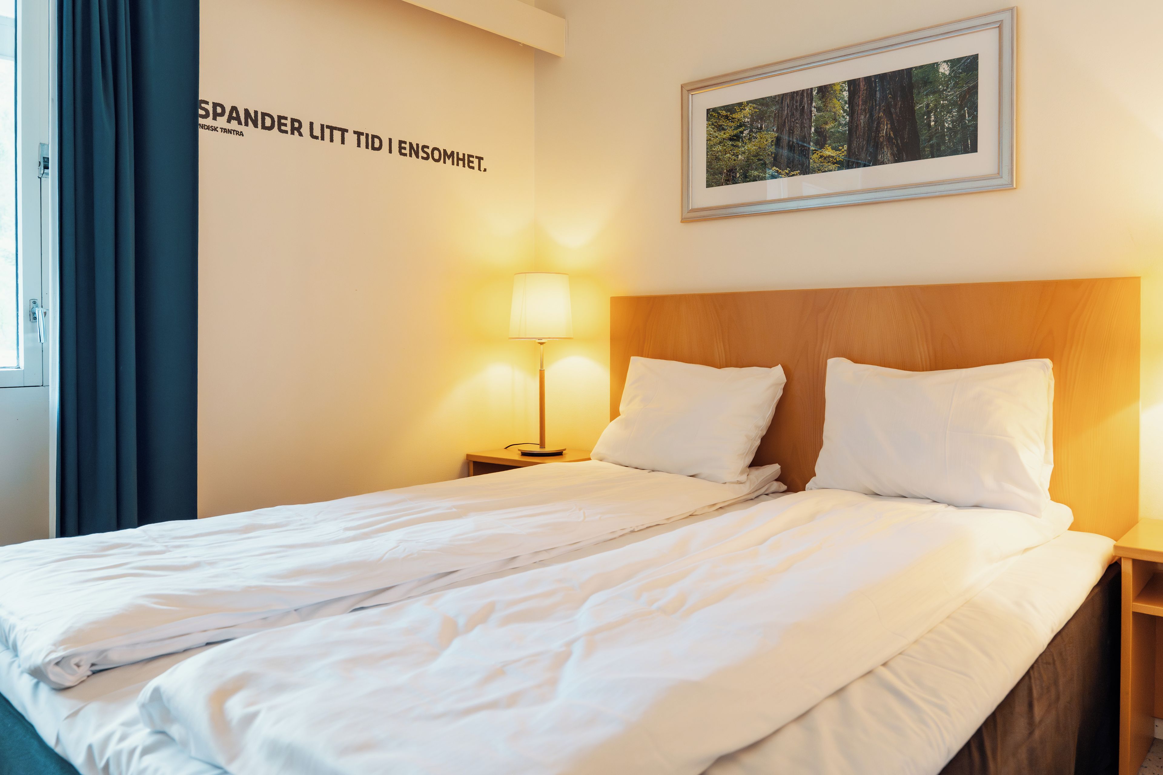 Una habitación de hotel con cama, mesita de noche, lámpara, una pared con un cuadro enmarcado y una ventana con cortinas.