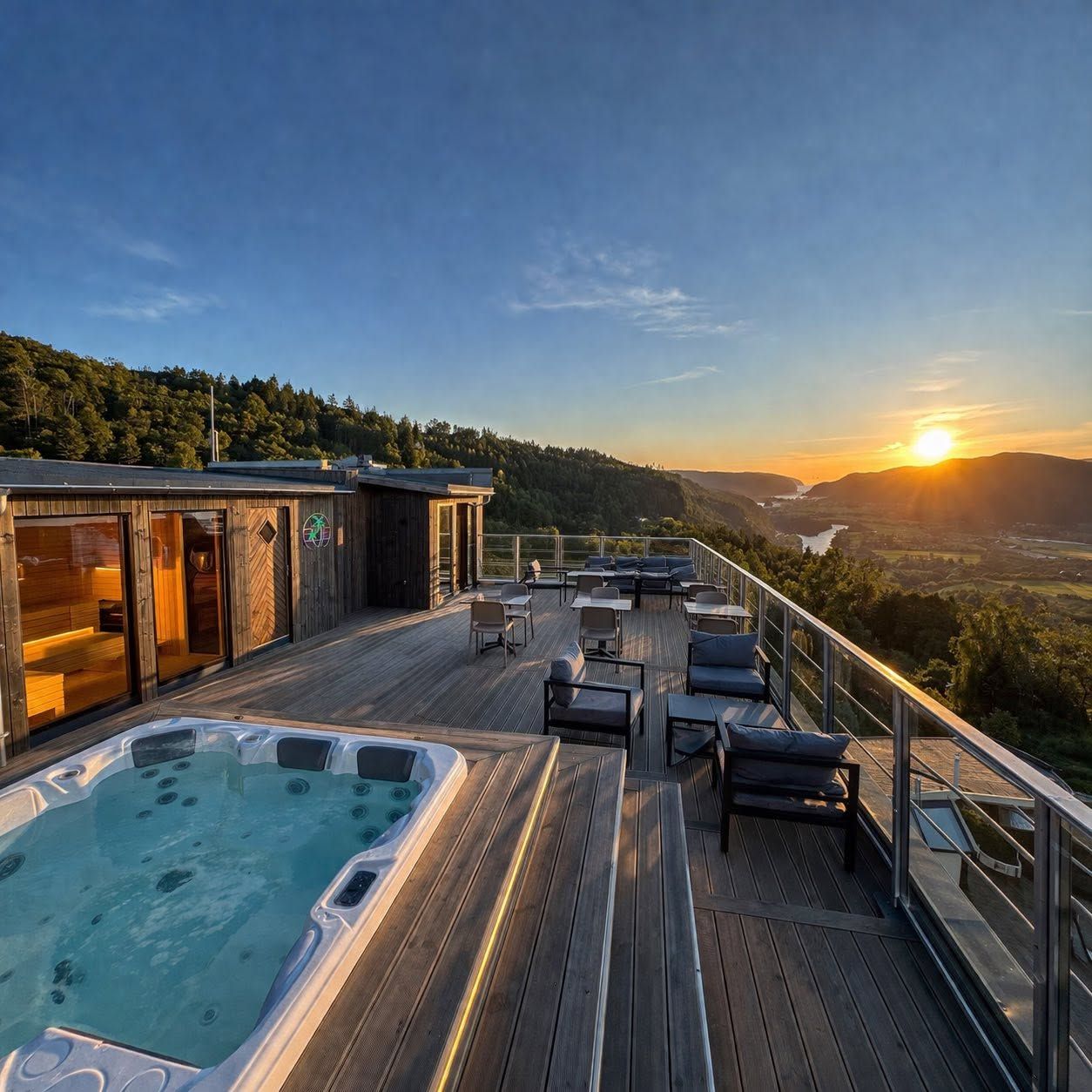 A wooden deck with a hot tub, outdoor seating, and a view of a valley at sunset.