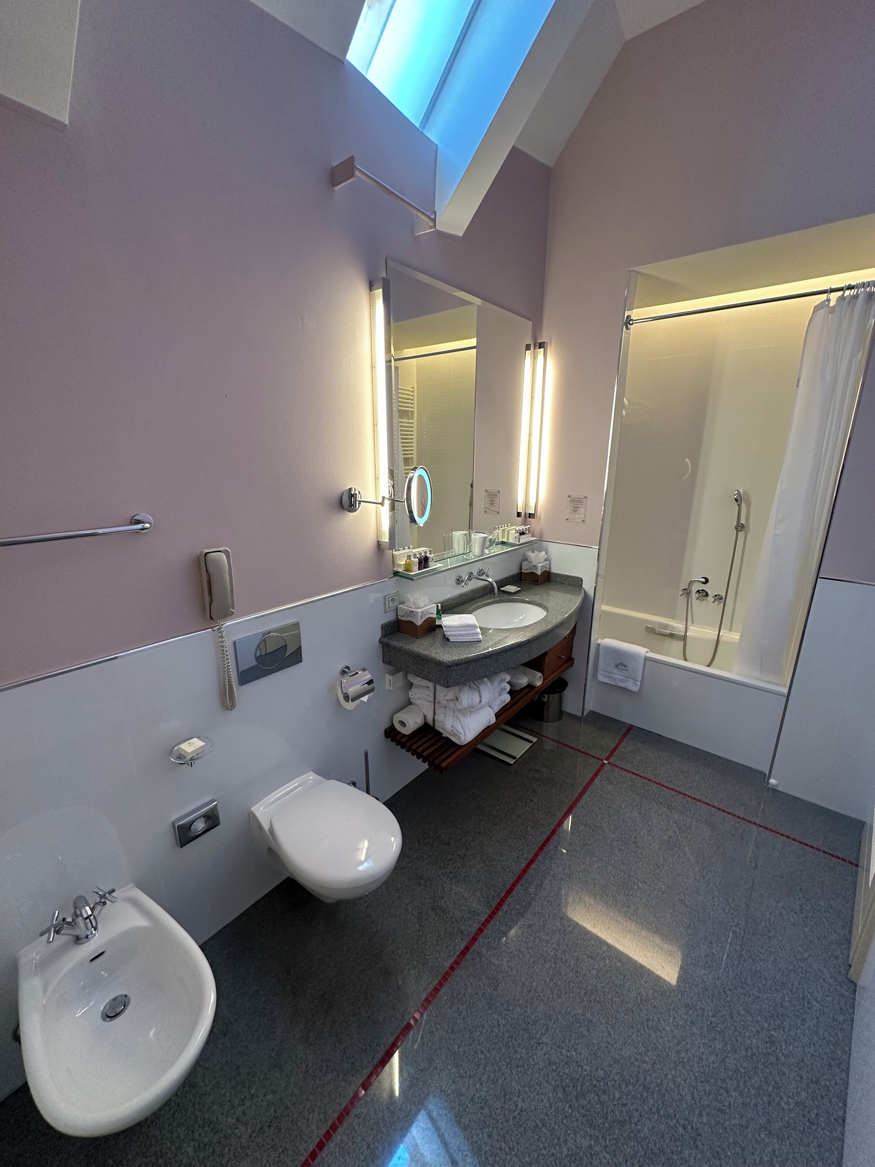 Un baño moderno con tragaluz, un espejo grande, un lavabo, un inodoro y una zona de ducha.