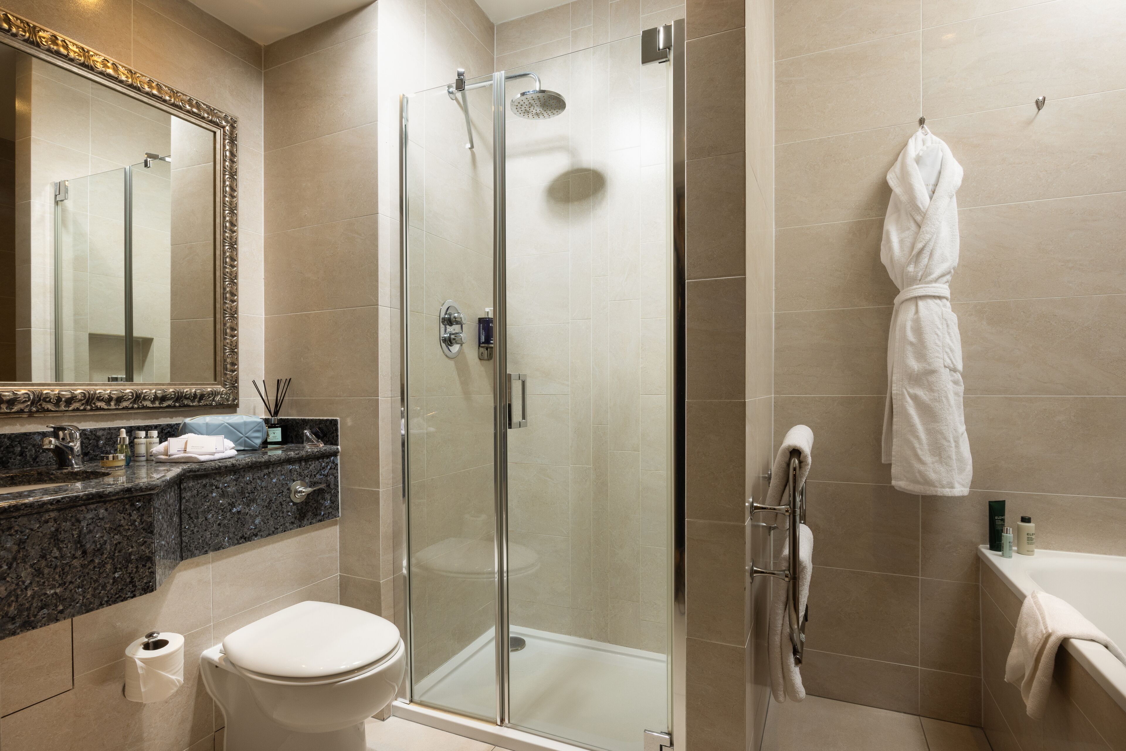 combined shower/bathtub, free toiletries, hair dryer, towels