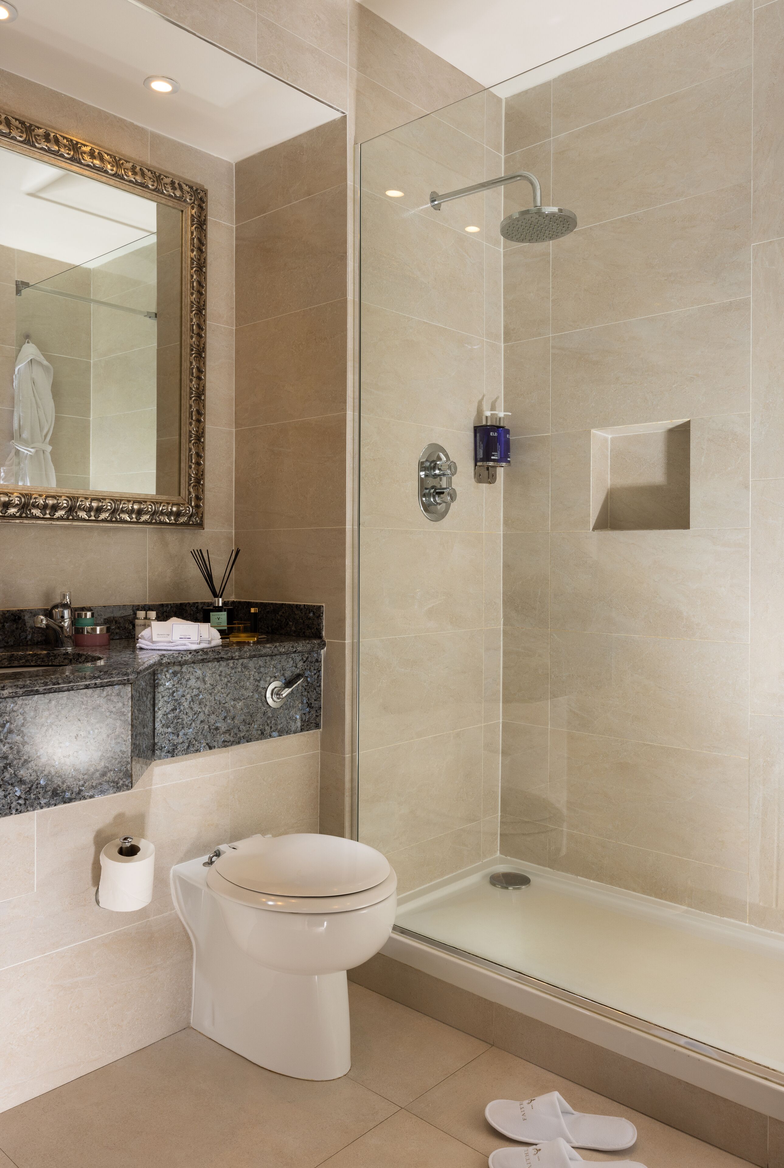 combined shower/bathtub, free toiletries, hair dryer, towels