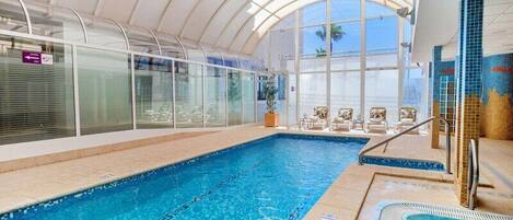 Indoor pool, outdoor pool, sun loungers