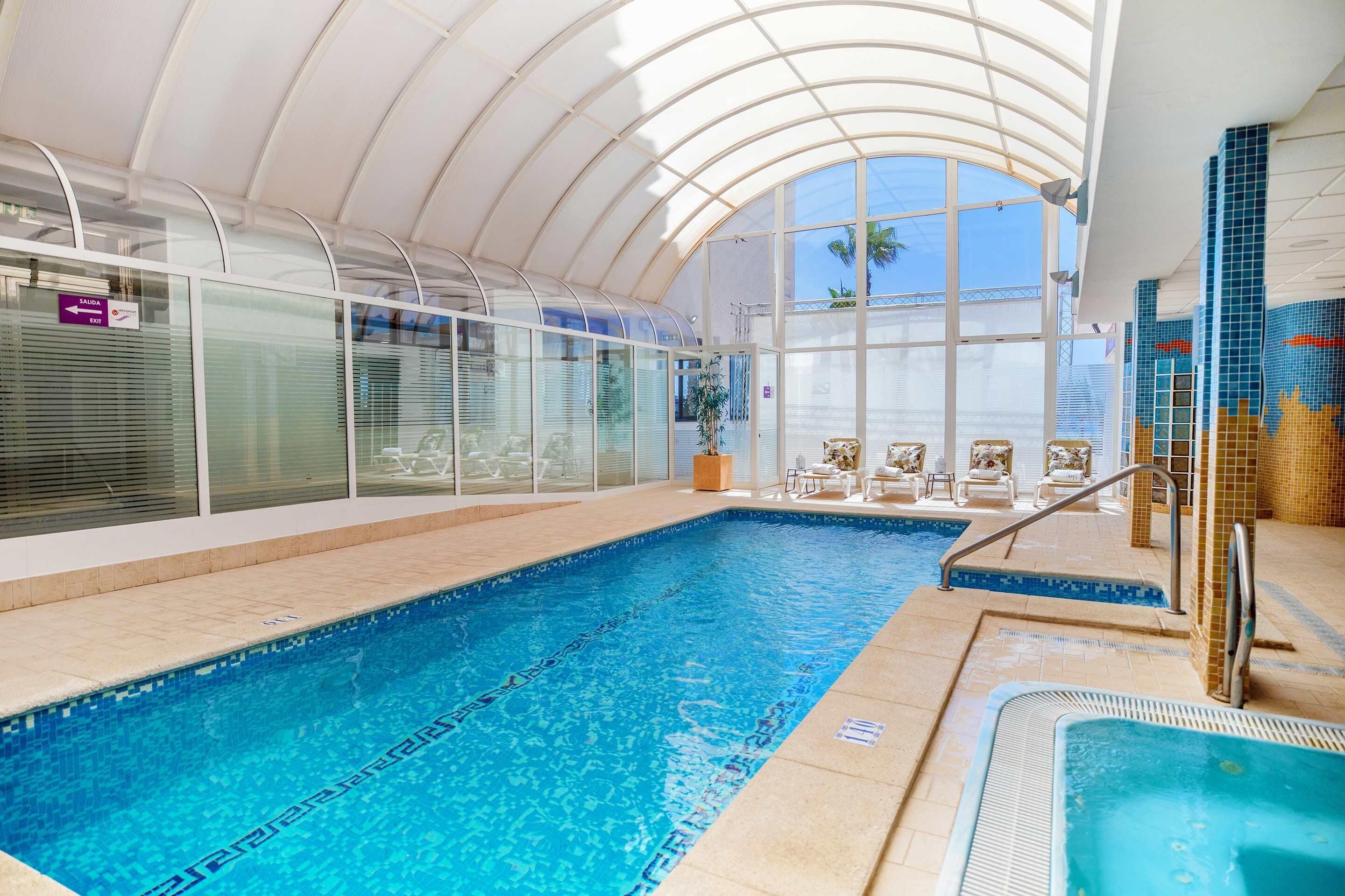 Indoor pool, outdoor pool, sun loungers