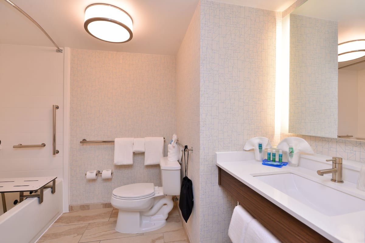 combined shower/bathtub, free toiletries, hair dryer, towels
