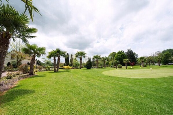 Un campo de golf bien cuidado con un putting green, rodeado de diferentes árboles y arbustos.