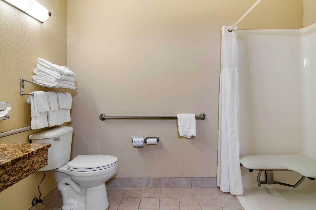 Un bany amb vàter, un lavabo amb taulell de granit, un suport de tovalloles amb tovalloles doblades, una barana de suports, una dutxa amb cortina blanca i un dispensador de paper higiènic.