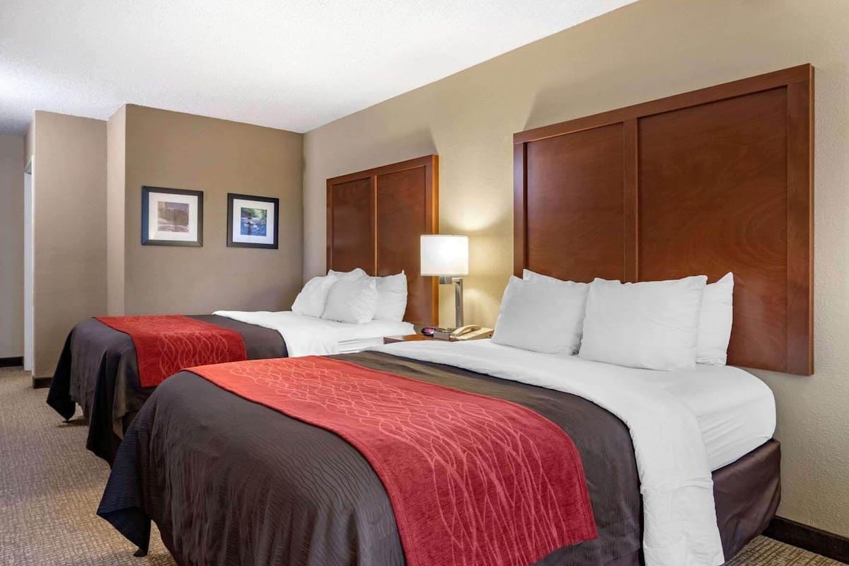 Quarto de hotel com duas camas, uma mesinha de cabeceira com abajur e duas fotografias emolduradas na parede.