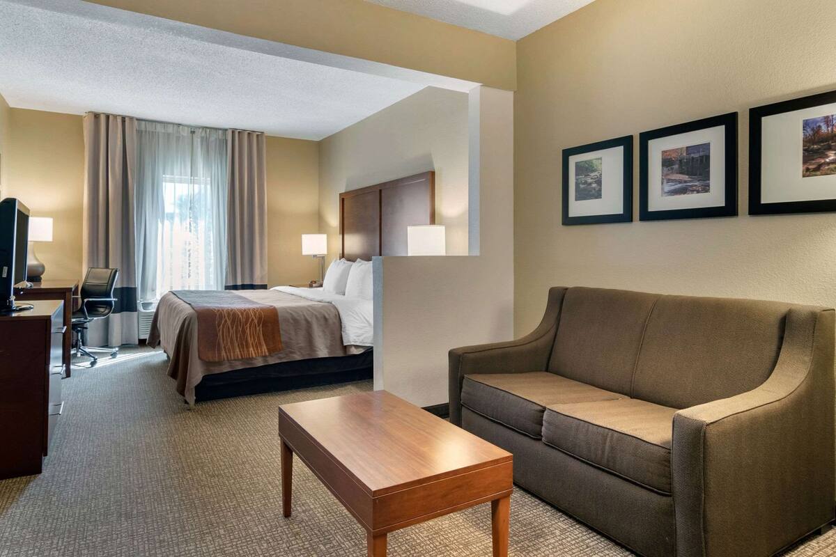 Quarto de hotel com cama, sofá, escrivaninha com cadeira, televisão e quadros nas paredes.
