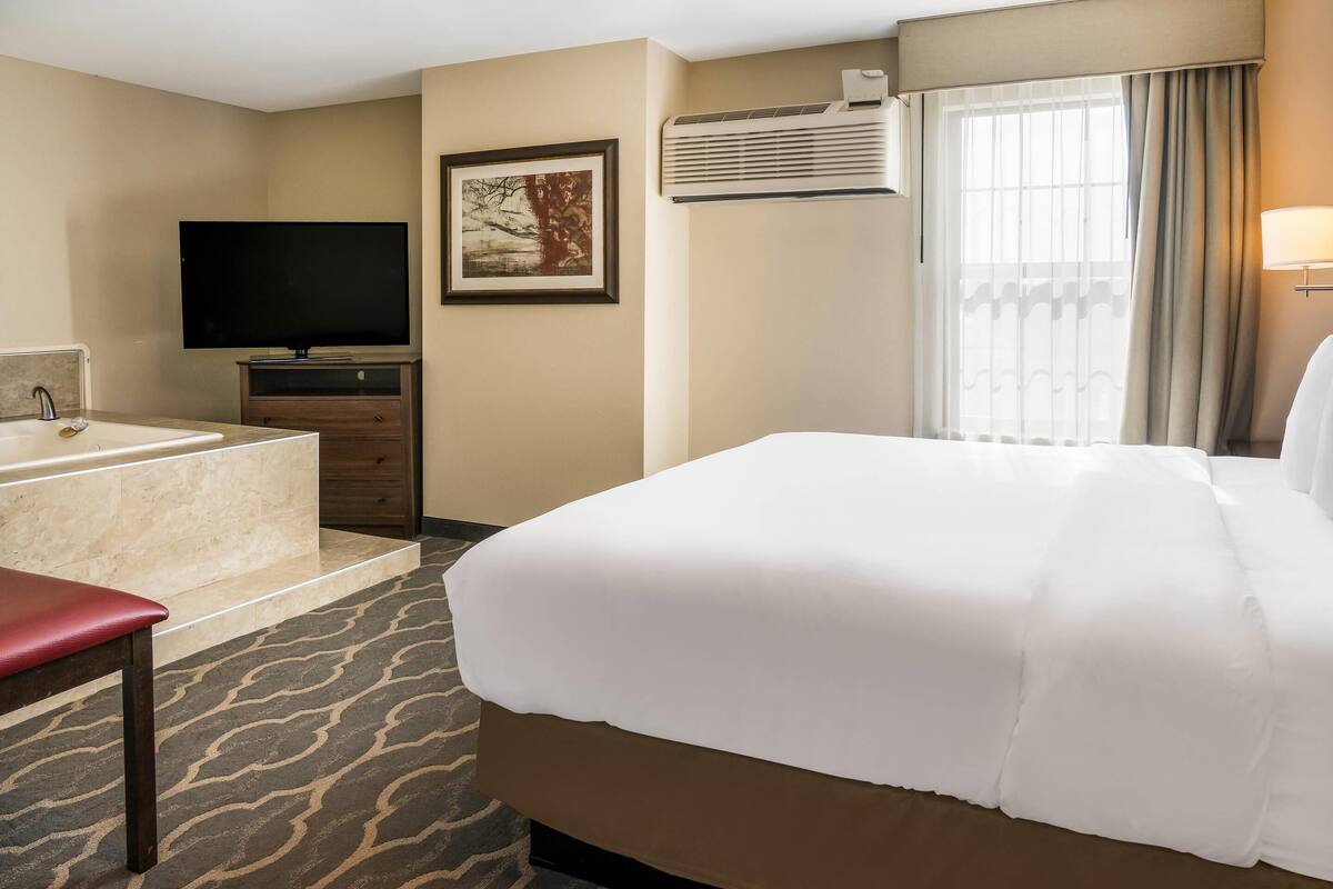 A hotel room with a large bed, a flat-screen TV, a bathtub, and a painting on the wall.