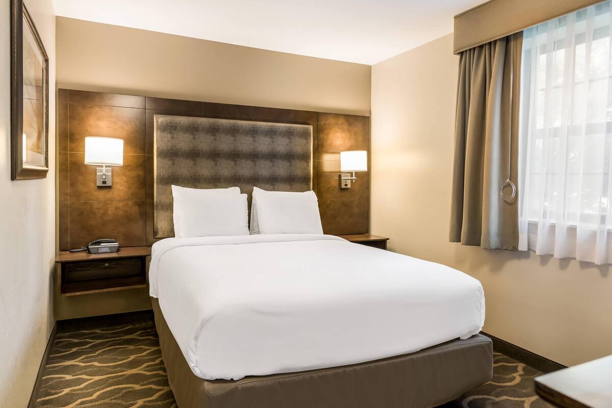 A hotel room with a large bed, two bedside tables with lamps, a headboard, and a window with curtains.