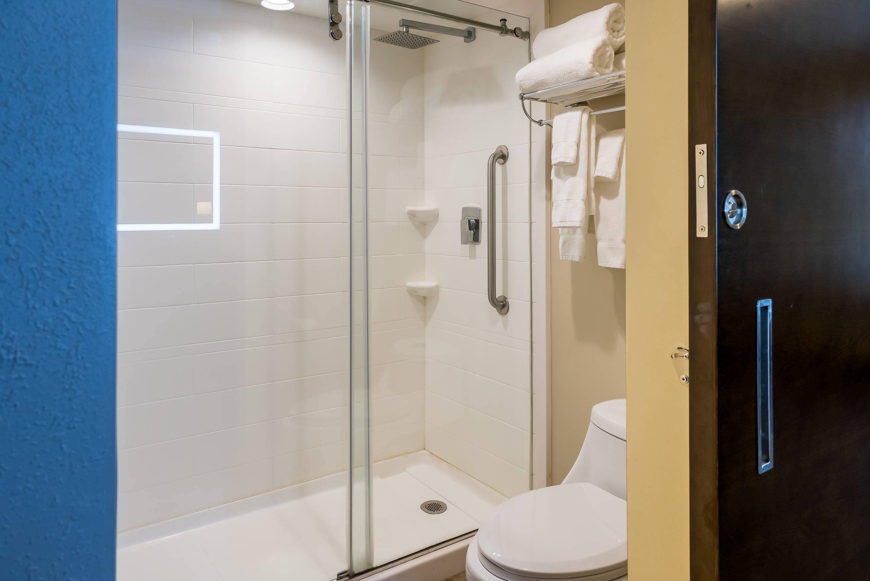 Un baño moderno con ducha de vidrio, inodoro y barra para toallas.