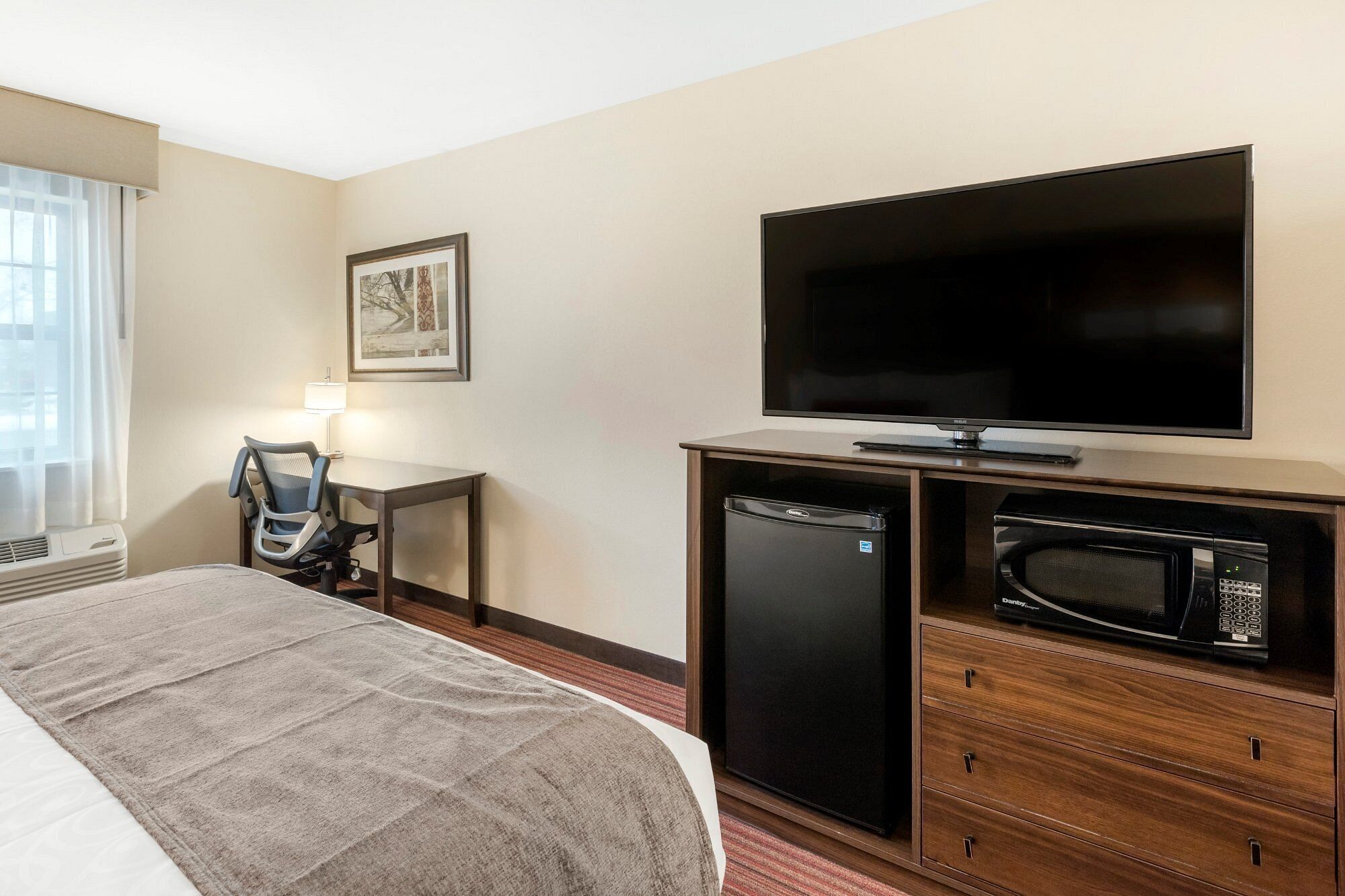 A hotel room with a bed, a desk with a chair, a television, a microwave, and a refrigerator.