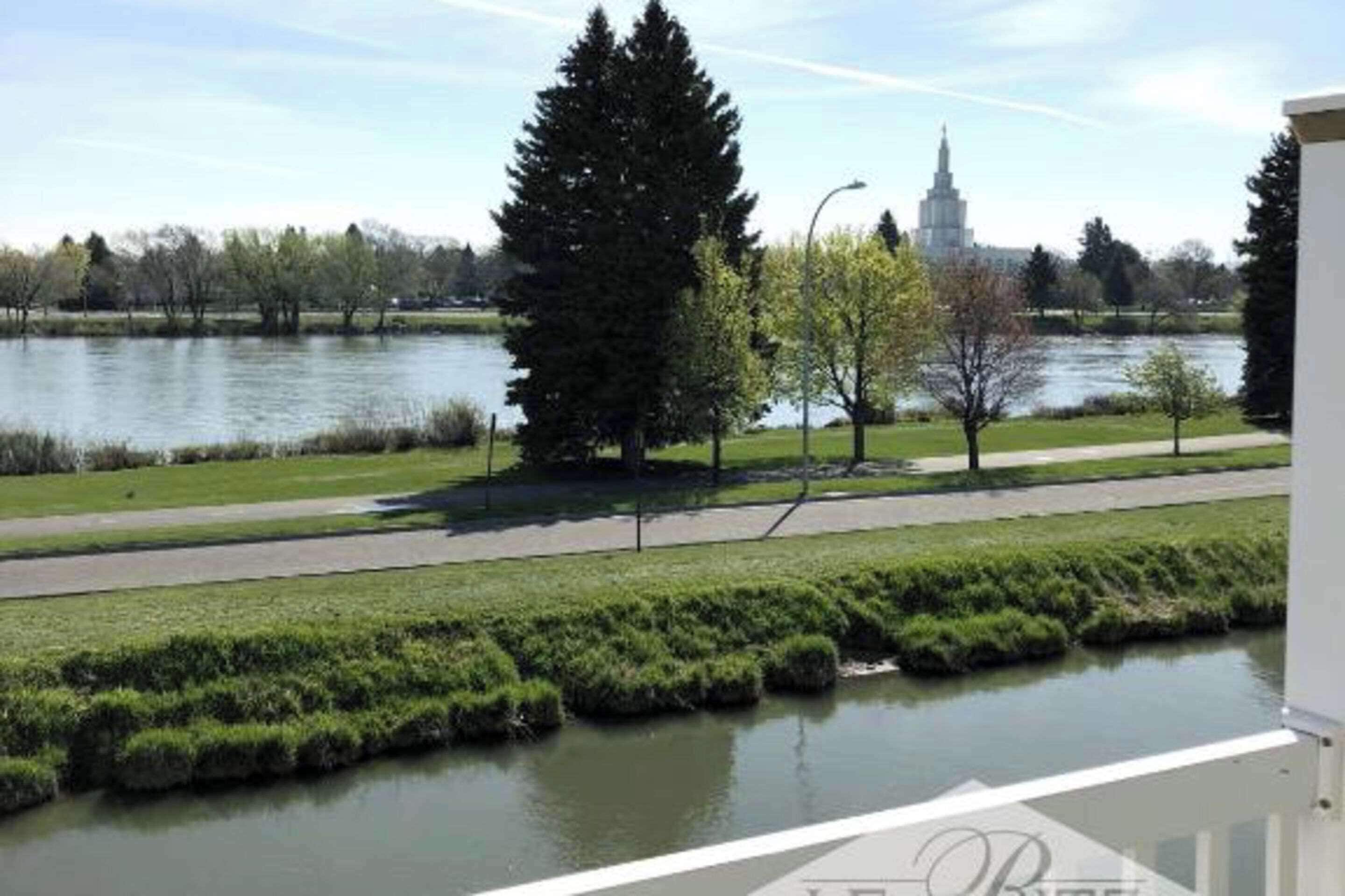 Vista di un fiume con un parco e un edificio sullo sfondo.