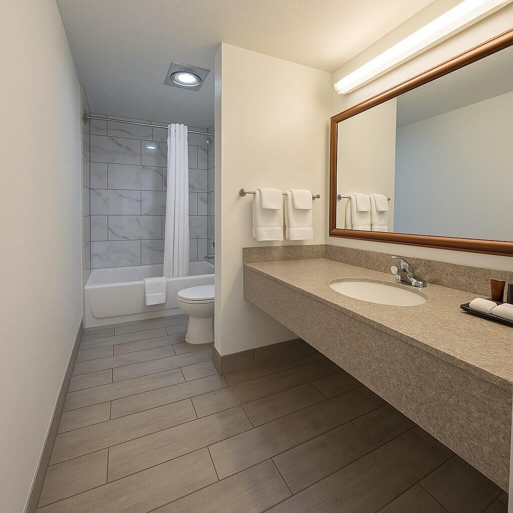 Et moderne badeværelse med bruser, toilet og håndvask.