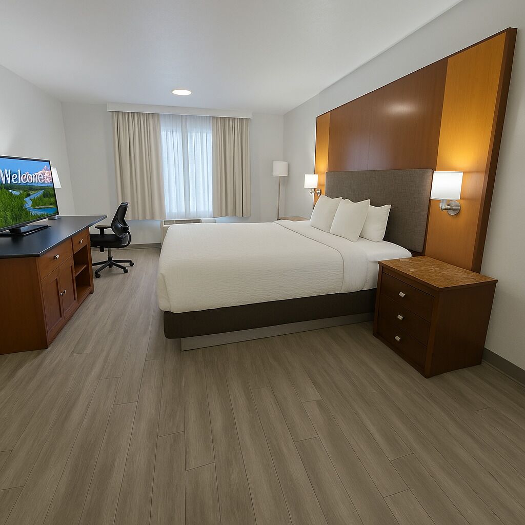 A hotel room with a large bed, a desk with a computer, a TV, and a window with curtains.