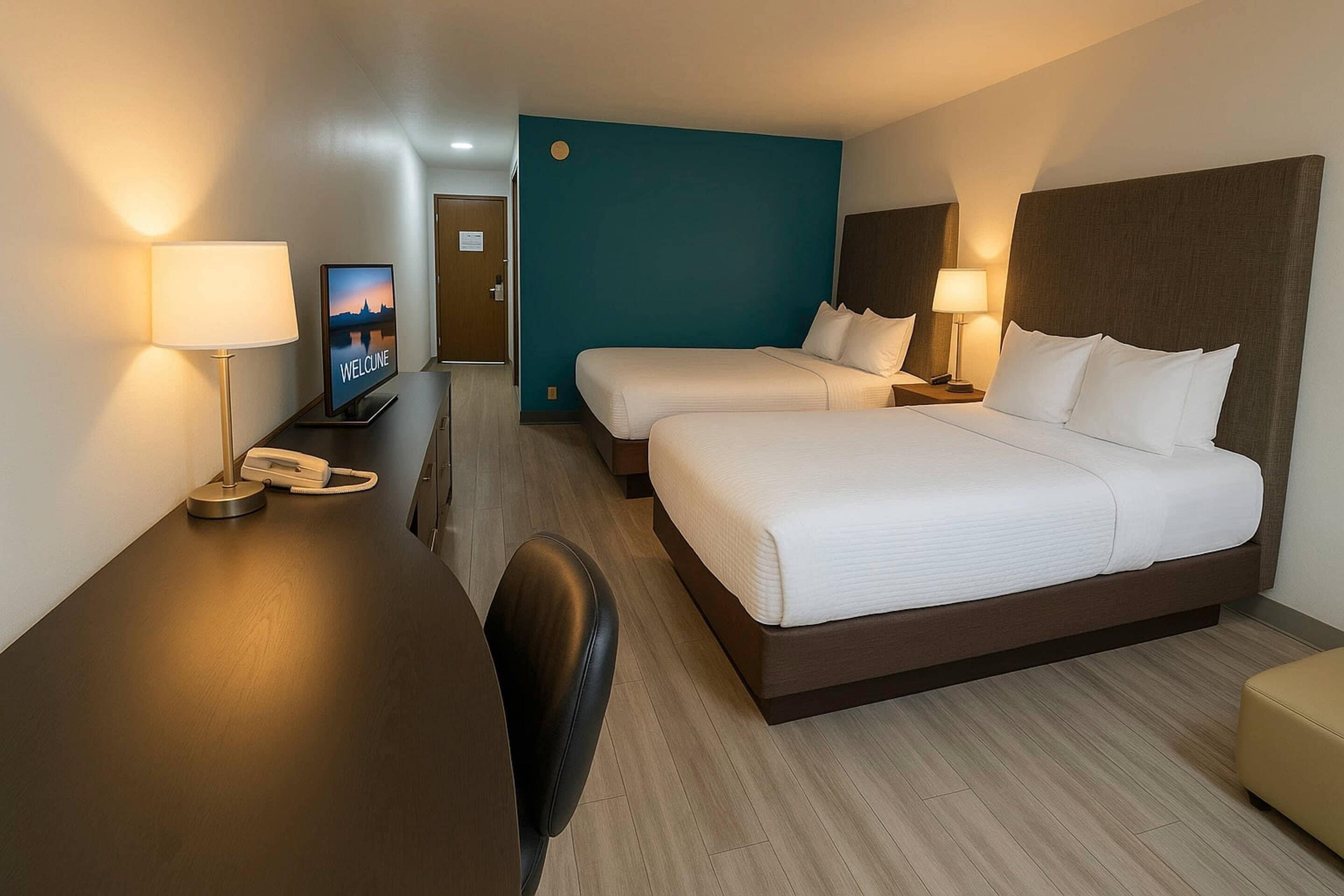 A hotel room with two beds, a desk, a chair, and a TV displaying a welcome message.