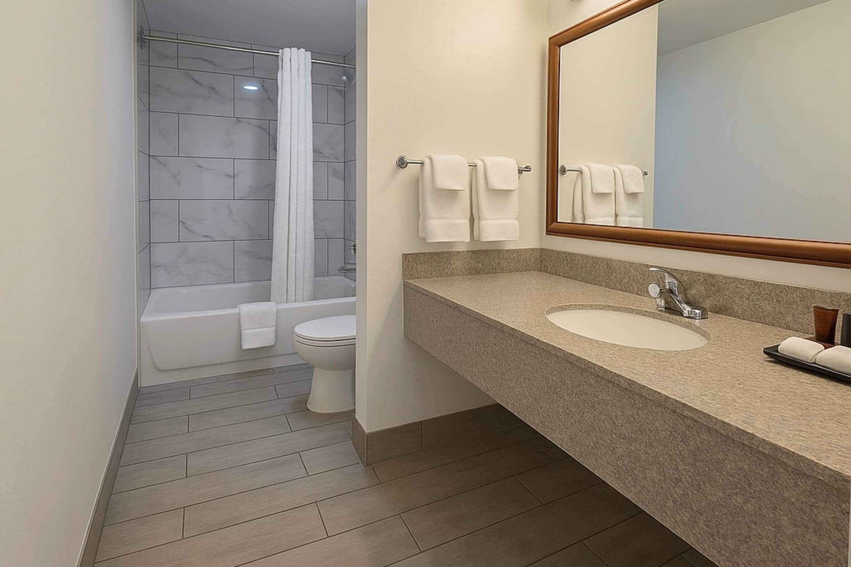 A modern bathroom with a shower, toilet, and sink.
