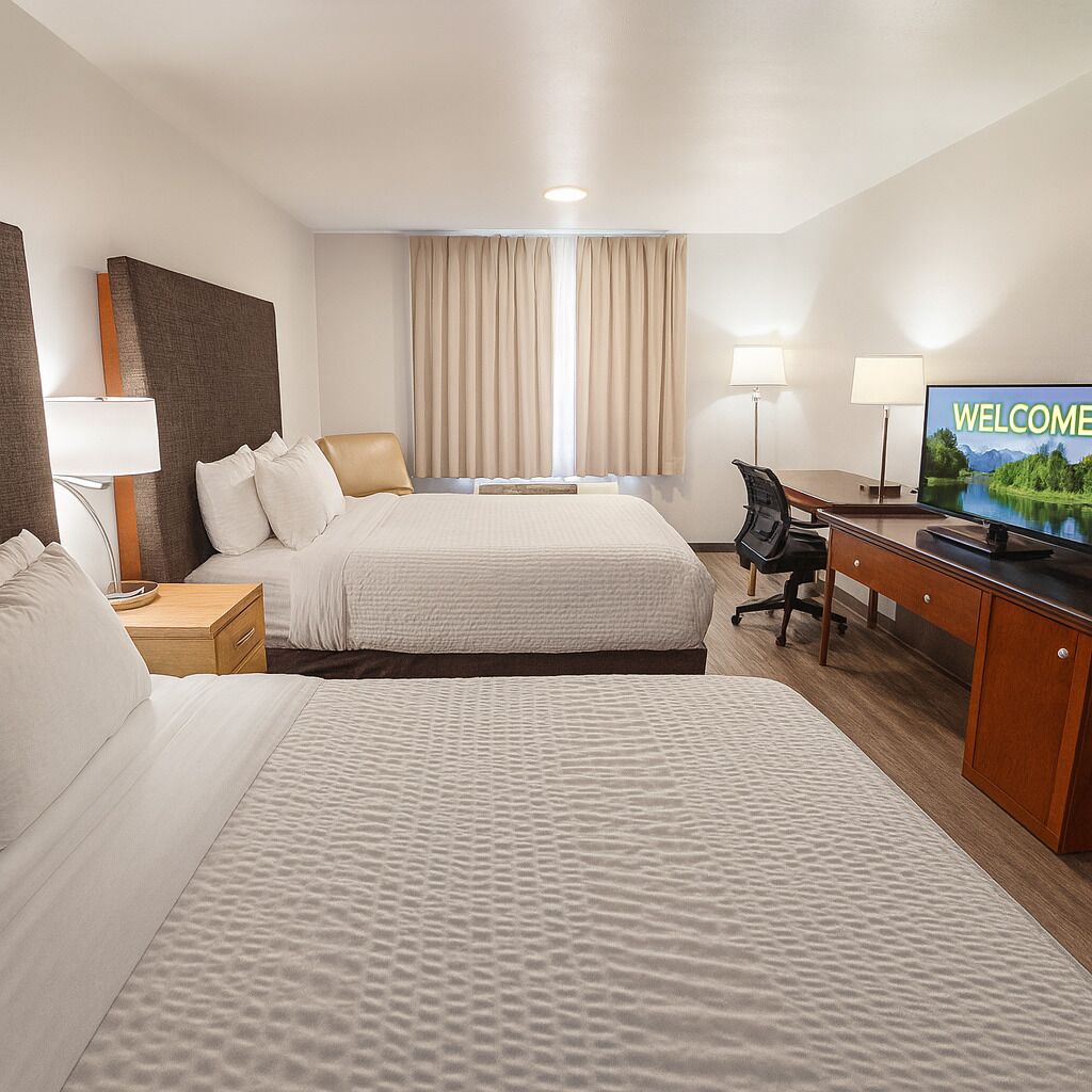A hotel room with a bed, a desk, a television, and a window with curtains.