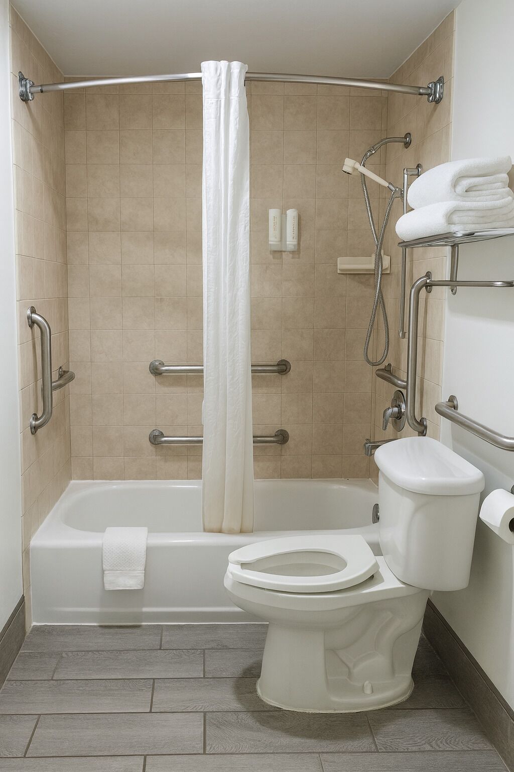 A bathroom with a bathtub, toilet, and shower area.