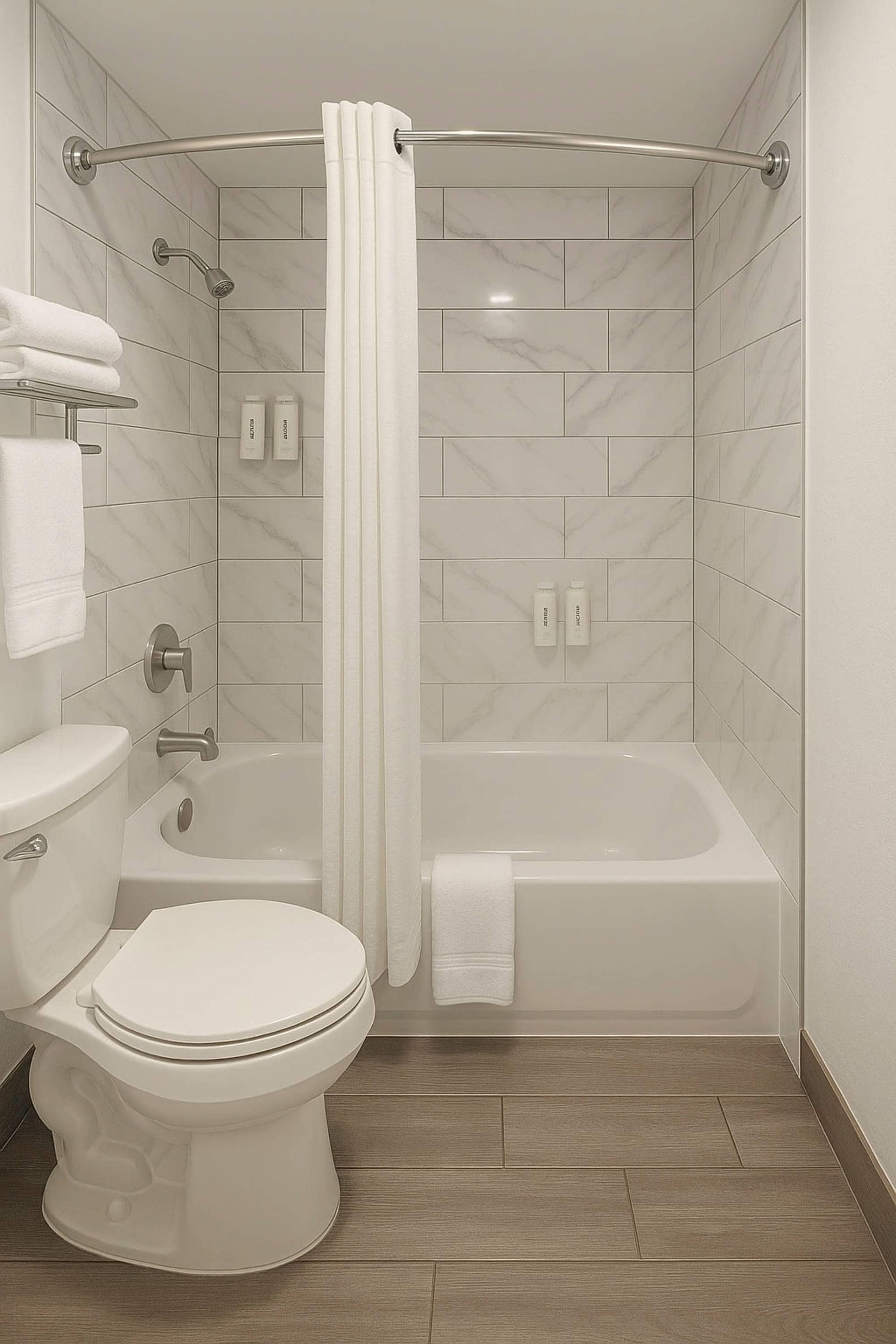 A modern bathroom with a toilet, bathtub, and shower curtain.