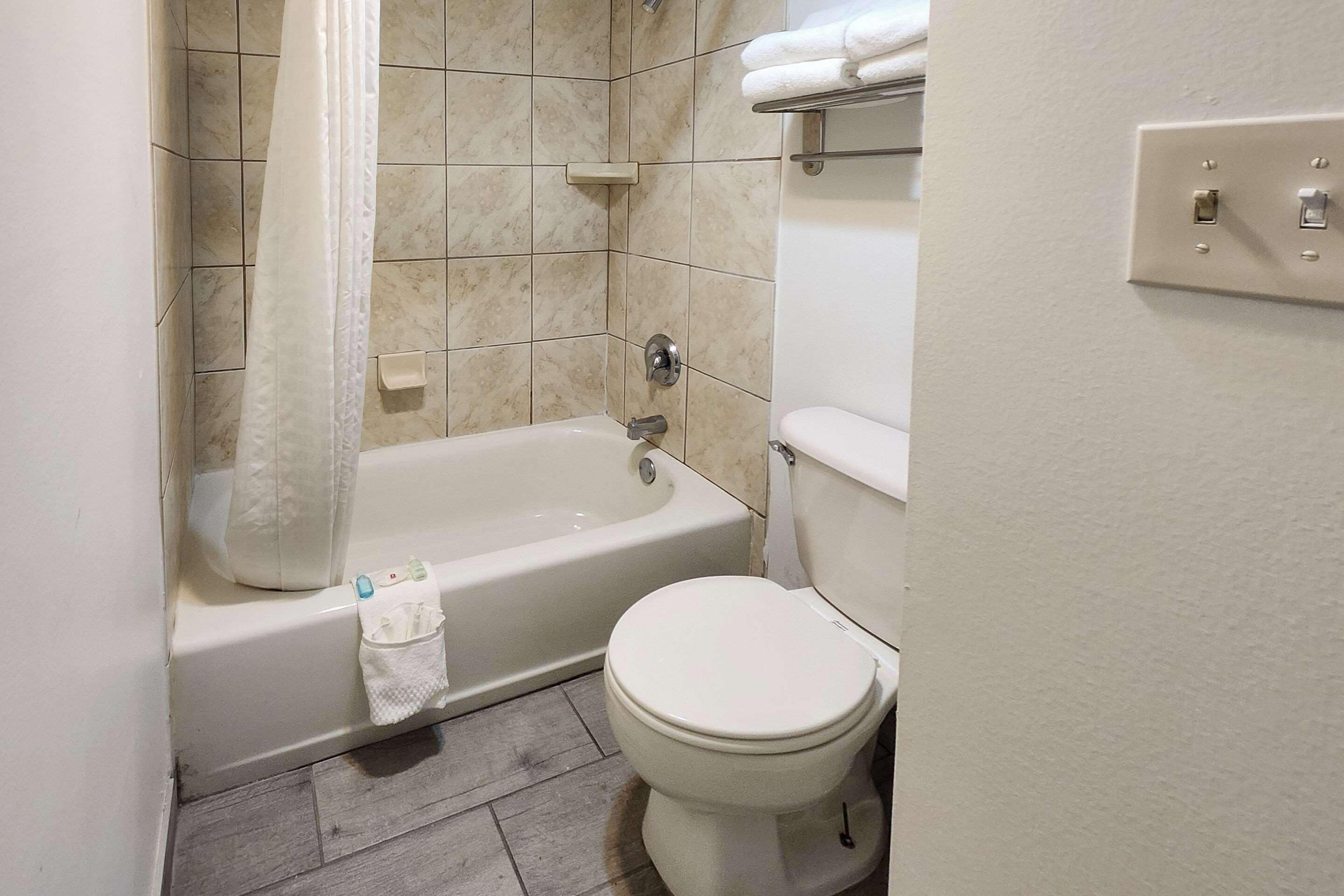 A bathroom with a bathtub, toilet, and a shower curtain.